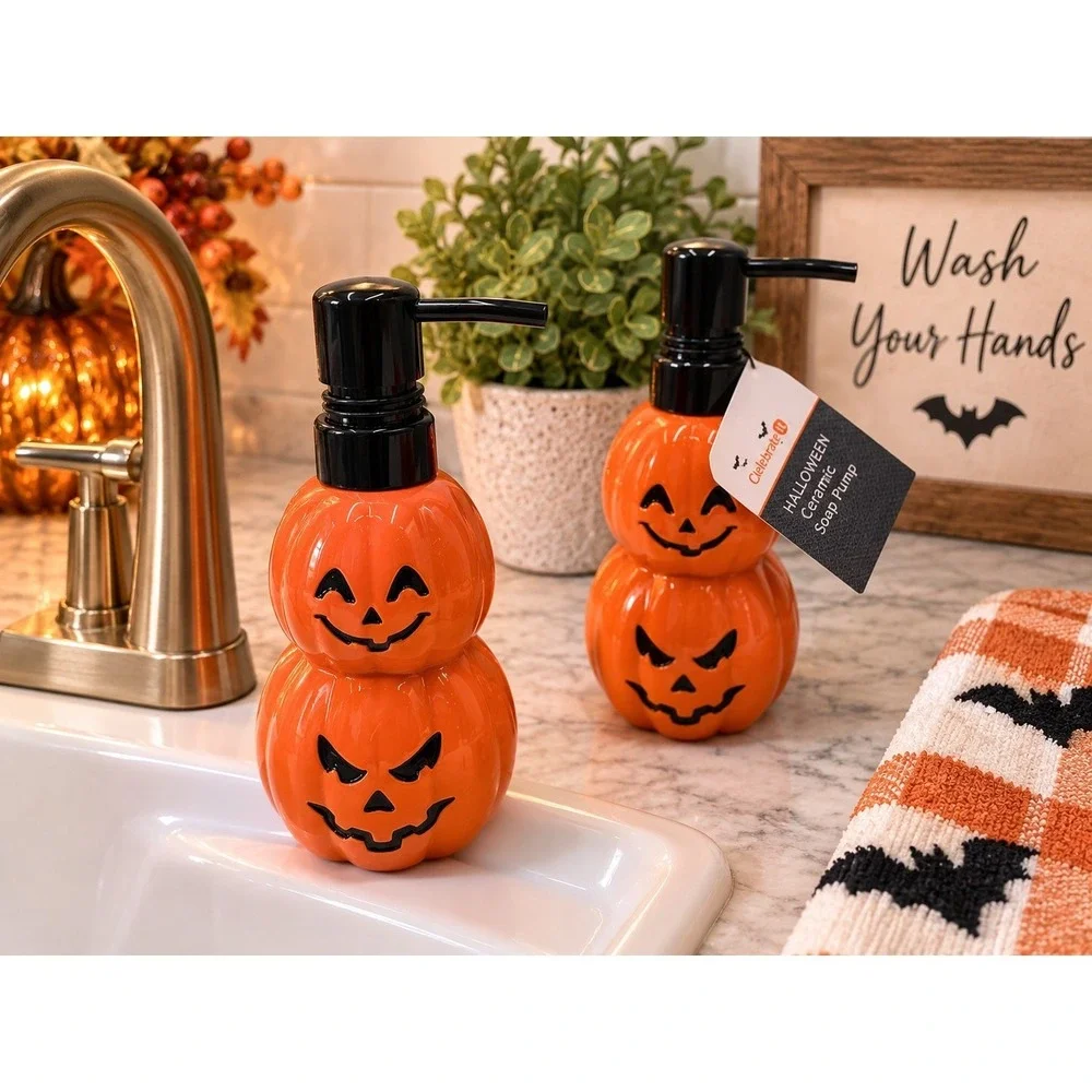 NEW Celebrate It Halloween Ceramic Pumpkin Soap Dispensers 2 Jack O Lantern